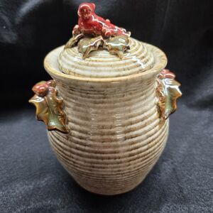Ceramic Jar with Cardinals and Green Leaves